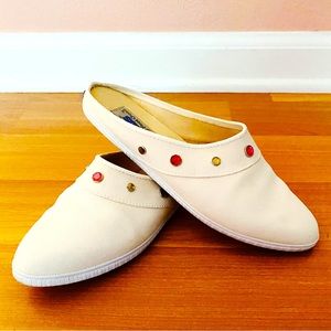 Vintage 80s cream-colored Keds canvas sneaker mules with multicolor jewels